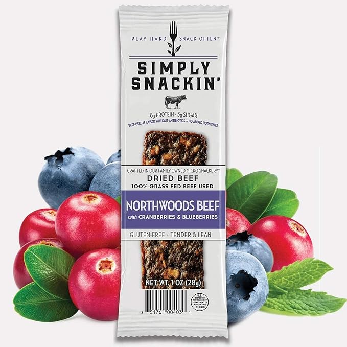 Simply Snackin' - Dried Grass Fed Beef Snacks High Protein Low Calorie Low Sugar Low Carb Low Fat Gluten Free 20 Serving Pack (Northwoods Beef with Cranberries &amp Blueberries)