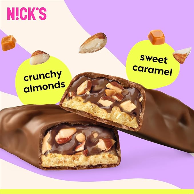 Nick’s Protein Bars Almond Chocolate – 12-Count Box | Protein-Packed Snack Low Calories Low Carbs Keto Friendly No Added Sugar (12 bars x 50g)
