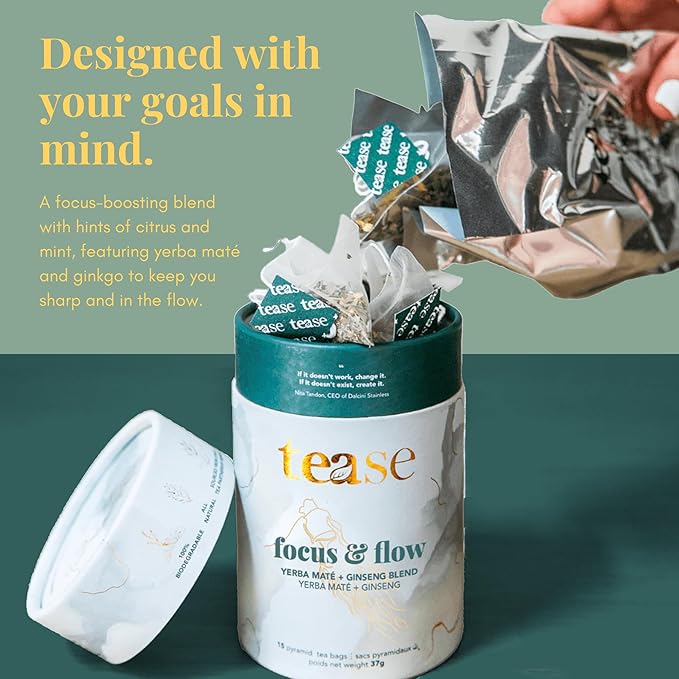 Tease Tea Yerba Mate - Focus &amp Flow Caffeinated Tea Brain Energy &amp Focus Blend with Yerba Mate Ginseng Ginkgo Spearmint &amp Citrus