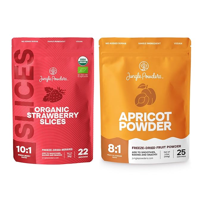 Jungle Powders Freeze Dried Strawberries Organic USDA Certified Strawberry Slices 3.2 Ounce Bag + Apricot Powder 3.5 Ounce Powdered Freeze Dried Apricot Fruit Smoothie