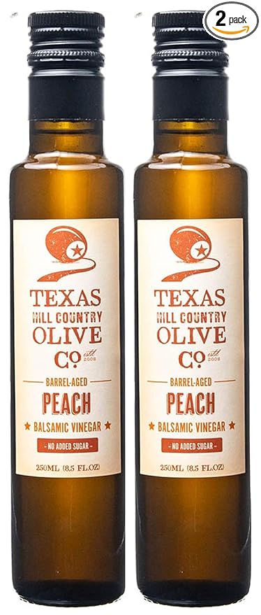 Peach Balsamic Vinegar - Gourmet Barrel Aged Infused Balsamic Vinegar - Great for Dressing Dipping Glazing - No Artificial Flavors or Added Sugar - Made in Texas (8.5 oz 2 Pack)