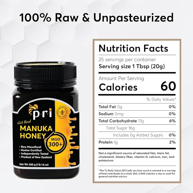 P.R.I Manuka Honey MGO 300+ Elevated‑Potency Monofloral New Zealand Honey Cool‑Processed &amp 100% Traceable (500g/1.1lb)
