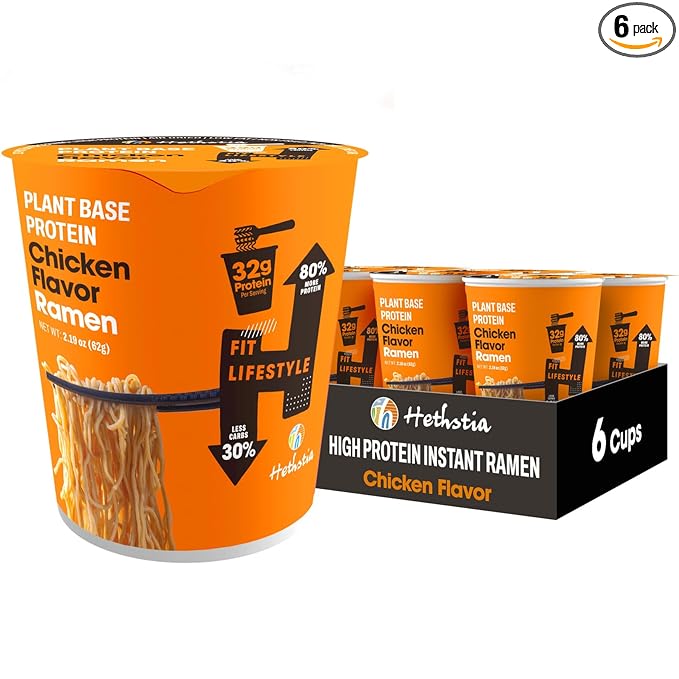Hethstia Protein Ramen Chicken Flavor Pre-Packaged Ramen Soup Cup 6-Pack Instant High-Protein Noodles with 32g Plant Protein Vegan Low Fat Air-Dried Non-GMO Healthy Quick Meal