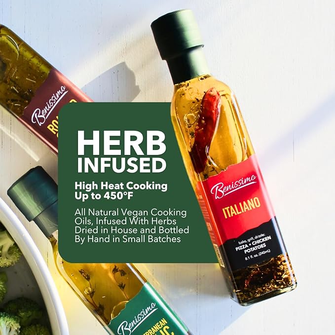 Benissimo Herb Infused Cooking Oil Chef Pack – 4 Artisan Flavored Oils: Italiano Roasted Garlic Mediterranean Garlic &amp Balsamic Garlic – Gourmet Cooking Oil Gift Set All Natural 8.1 fl oz Each