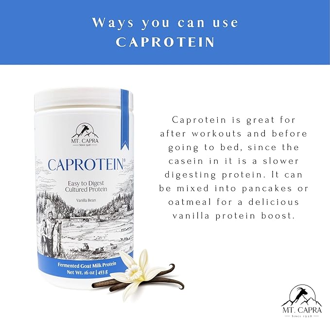 Mt. Capra Caprotein | Casein Protein Concentrate Fermented Goat Milk Protein from Grass-Fed Pastured Goats Extremely Easy to Digest | Vanilla Bean | 23 Servings - 16 oz