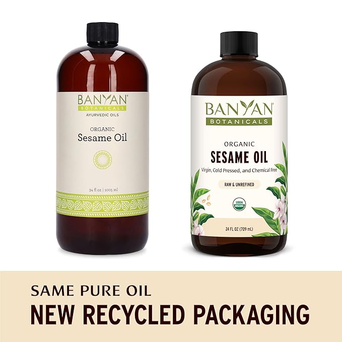 Banyan Botanicals Organic Unrefined Sesame Oil – Rich &amp Warming Ayurvedic Massage Oil for Body &amp Scalp – Traditional Abhyanga Oil for Deep Tissue Grounding &amp Recovery – 24 oz – USDA Organi