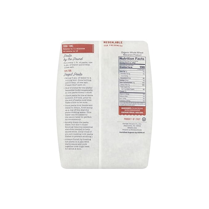 DeLallo Whole Wheat Farfalle Bowtie Pasta 1 Pound Bag 7 Pack Butterfly Shape Noodles 100% Organic Imported from Italy Made with Whole Durum Wheat Flour