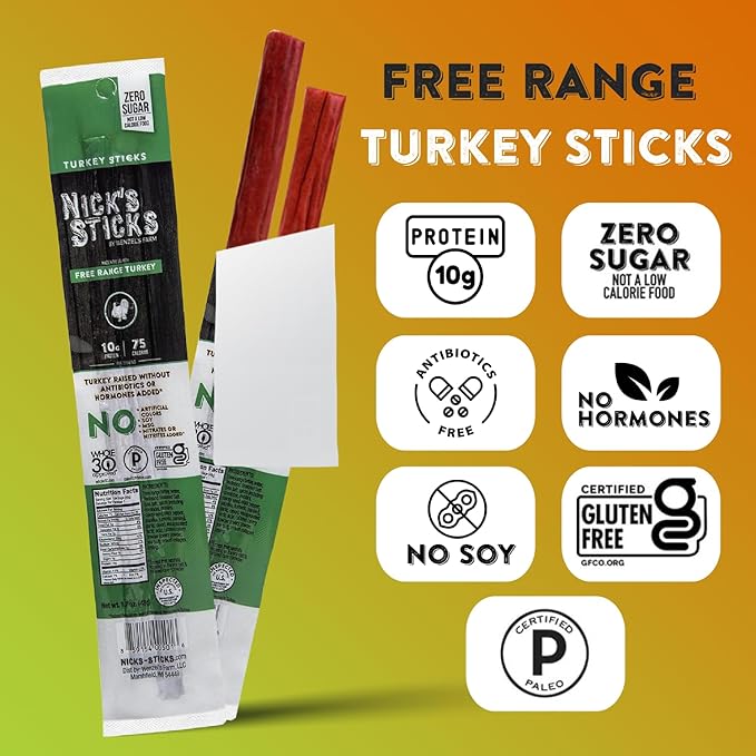 Nick's Sticks Clean &amp Balanced Free Range Turkey Snack Sticks | Made in the USA | Gluten Free | Paleo Keto Whole30 Approved | No Soy Antibiotics or Hormones (25– 1.7oz. Packs of 2 Sticks)