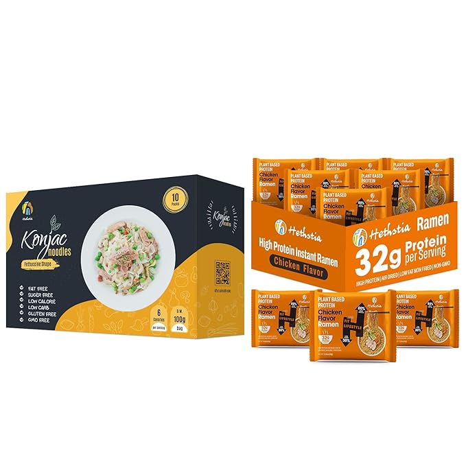 Hethstia Bundle – Konjac Fettuccine Noodles &amp High-Protein Chicken Ramen 10 Shirataki Fettuccine Packs + 6 Protein Ramen Bags Vegan Plant-Based Non-GMO Low Fat Healthy Quick Meal Kit