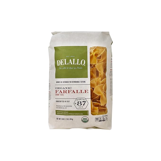 DeLallo Organic Farfalle Pasta Made with Only 100% Semolina Durum Wheat Flour Bronze Cut Made in Italy Kosher Vegan Non-GMO Bow-Tie Pasta Shape (4 Pack)