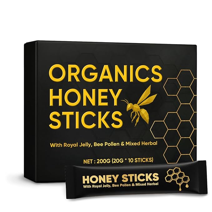 Organics Honey Sticks - Black Honey for Men Natural Energy &amp Vitality Packs Made from Royal Jelly Bee Pollen &amp Powerful Herbal Extracts Male Wellness &amp Daily Support - 10 Sticks