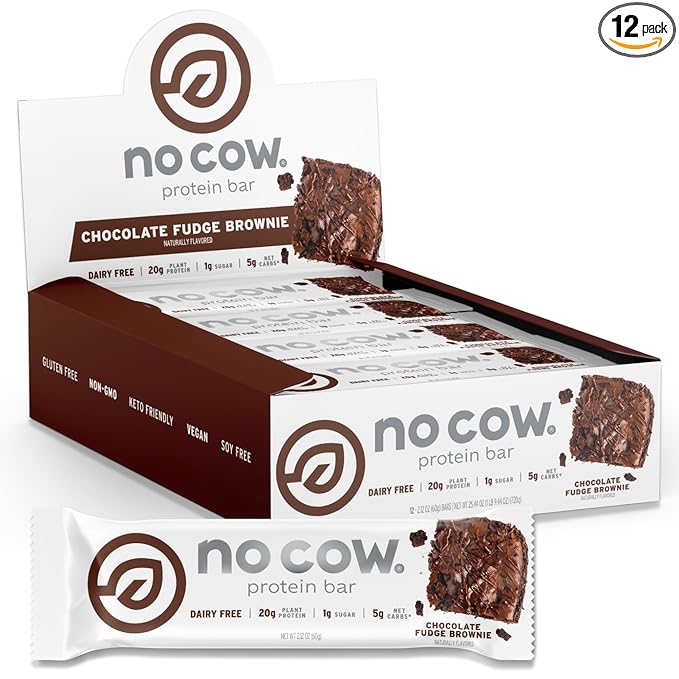 No Cow Vegan Protein Bars Upgraded Chocolate Fudge Brownie | 20g Plant Based Protein Gluten Free Dairy Free Soy Free Keto Friendly Low Sugar High Fiber Snack Bars | Pack of 12