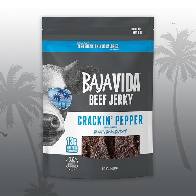 Baja Beef Jerky - 100% All Natural Beef Jerky Keto Jerky Gluten Free Low Calorie Craft Jerky 13g Protein per Serving No Nitrates or Added Hormones - Crackin' Pepper 2 oz Bag (Pack of 3)