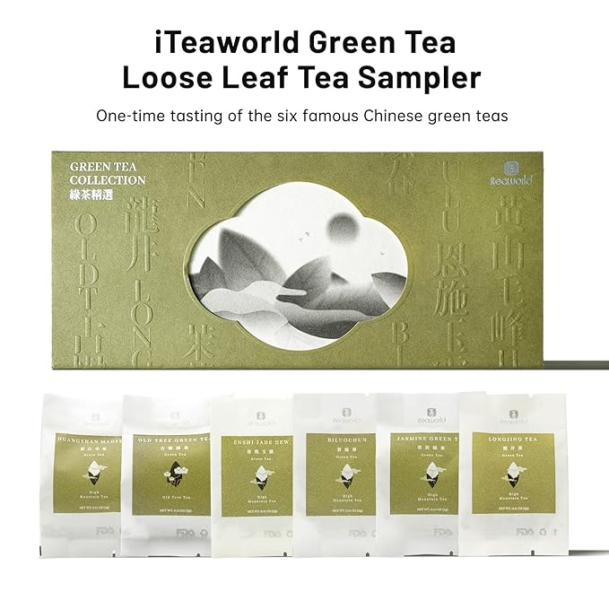 iTeaworld Chinese Green Tea Sampler - 6 Flavors Green tea loose leaf Bag - Chinese Tea With Mediumly Caffeinated Sugar Free Loose Leaf Tea for Health Come with 20 Tea Bags 3.5oz