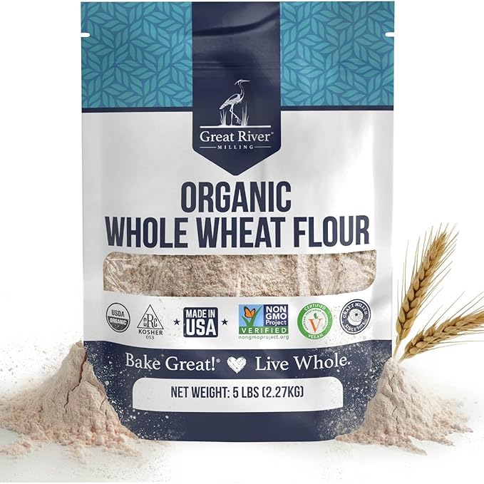 Great River Milling Organic Whole Wheat Flour | Unbleached &amp Unbromated | High Protein &amp Fiber | Non-GMO Kosher | Perfect for Sourdough Bread Rolls &amp Baking | 5 Lb