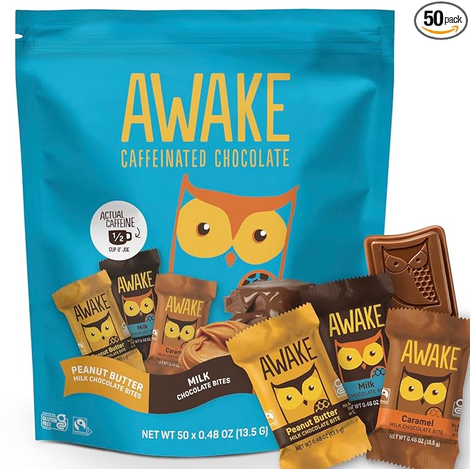 AWAKE - Caffeinated Chocolate Bites - 50mg Caffeine - Variety Pack (3 Flavors) 50 Bites - Peanut Butter Milk &amp Caramel - Energy Bites - Coffee Alternative - Fairtrade Gluten Free Non GMO - 0.