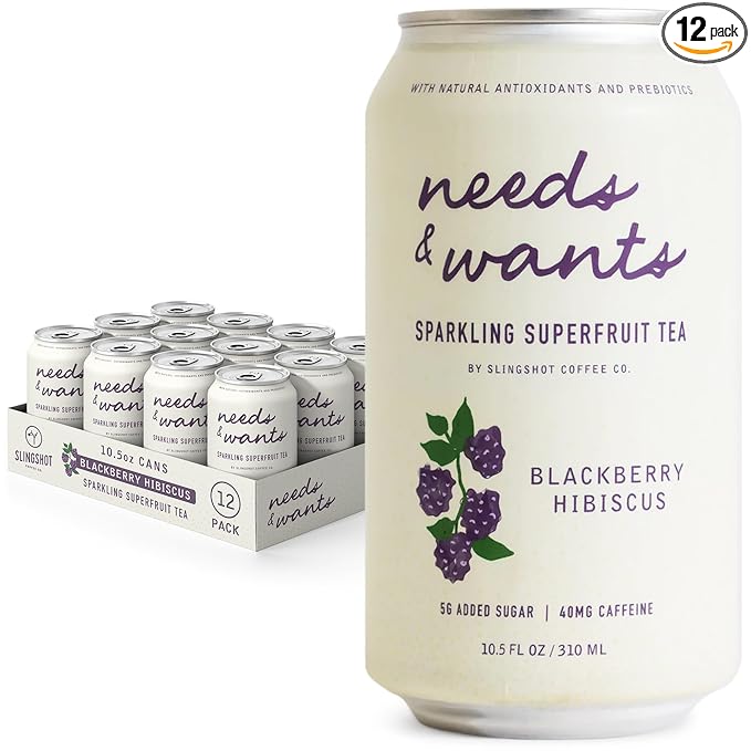 Needs &amp Wants Sparkling Tea - Blackberry Hibiscus 10.5oz Cans (12 Pack) | Organic Superfruit Tea with Cascara Blackberry Juice &amp Hibiscus Lightly Sweet with Notes of Vanilla &amp Cinnamon
