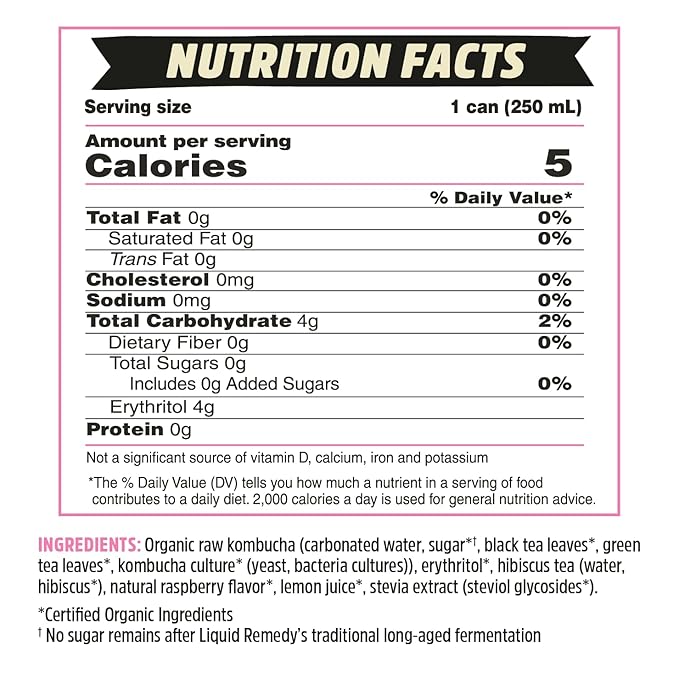 Liquid Remedy Kombucha Sugar Free Organic Drink Low Calorie Probiotic Like Tea for Gut Health - Raspberry Lemonade - 8.5 Fl Oz Can 24-Pack