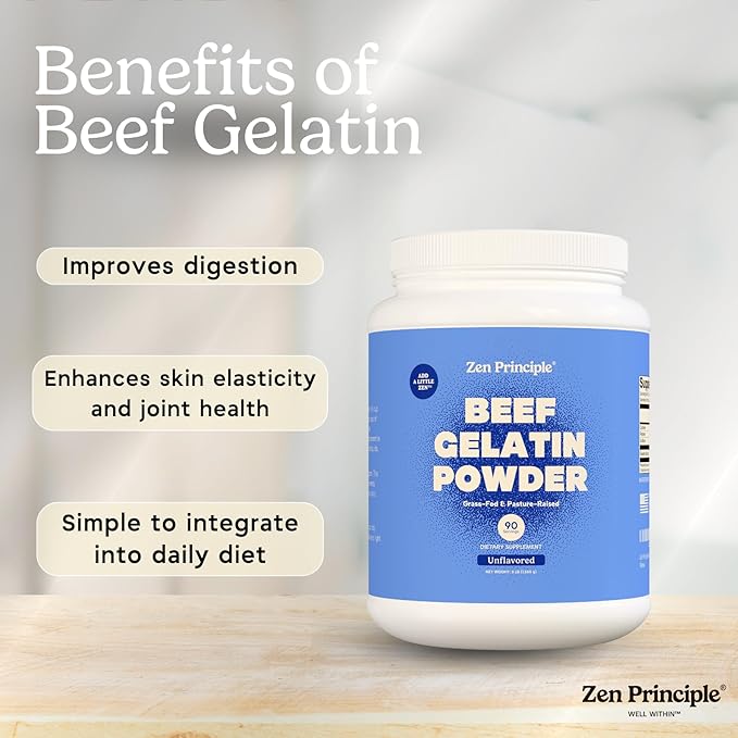 Zen Principle Grass-Fed Gelatin Powder 3 lb. Custom Anti-Aging Protein for Healthy Hair Skin Joints &amp Nails. Paleo and Keto Friendly. Cooking and Baking. GMO-Free and Gluten-Free. Unflavored.