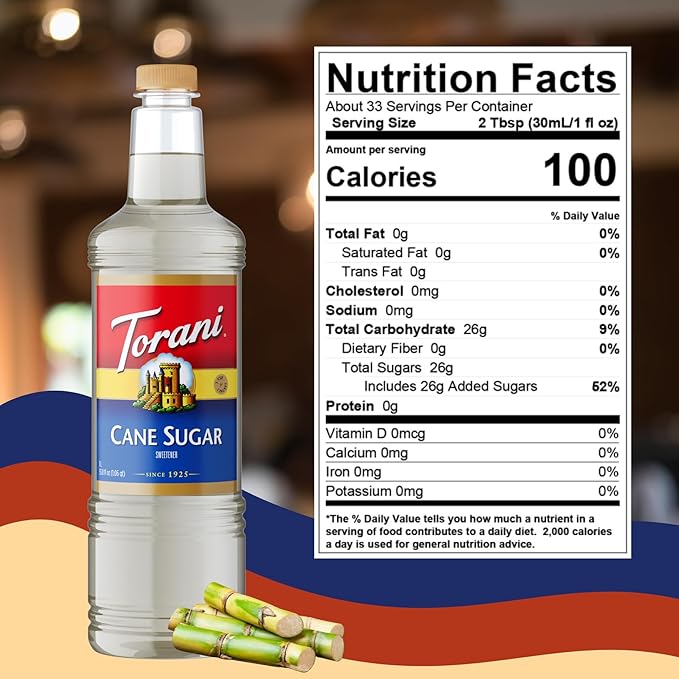 Torani Cane Sugar Sweetener Coffee Syrup 1 Liter Bottle with Pump Dispenser – Pure Cane Sugar Flavoring Syrup for Lattes Teas Cocktails Cold Brews &amp Desserts – Barista Quality