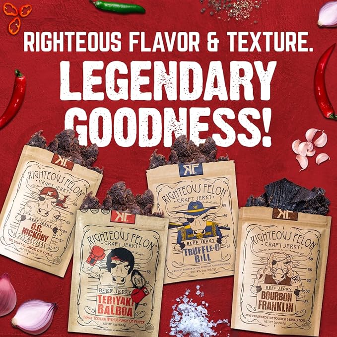Righteous Felon Beef Jerky | All-Natural High Protein Jerky Snack Pack - Great Gifts for Men - Locally Sourced &amp Dried Beef Jerky - Low-Sugar Keto Gluten-Free Healthy Jerky Snacks - Savory 4 Pa