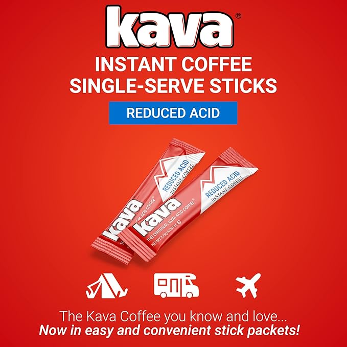 Kava Low Acid Instant Coffee Gift Set 4 Ounce Glass Jar &amp 20 Single Serve Stick Packets for On-The-Go &amp Travel