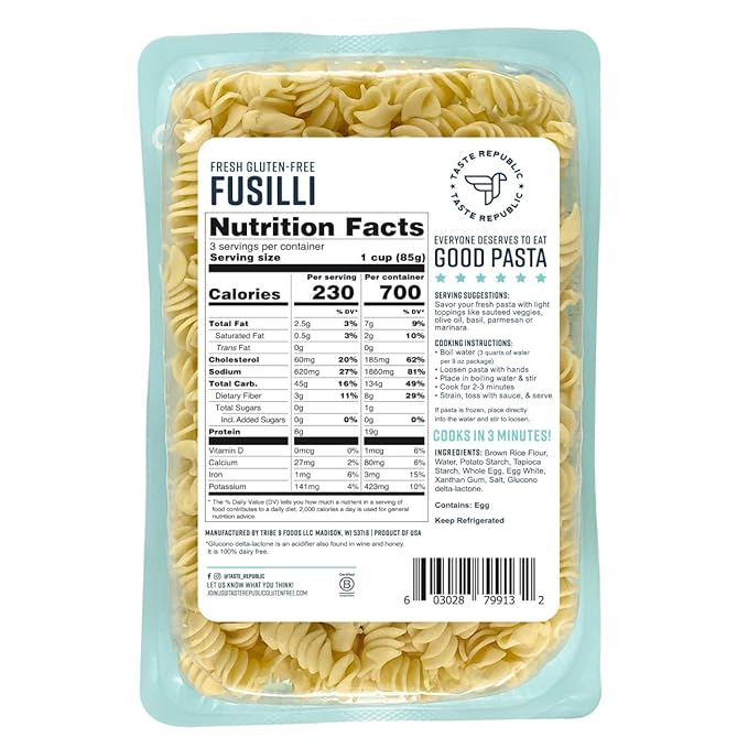 Gluten-Free Pasta Fusilli Fresh Brown Rice Noodles Cooks in Just 3 Minutes Kosher Taste Republic Frozen 9oz (6 pack)