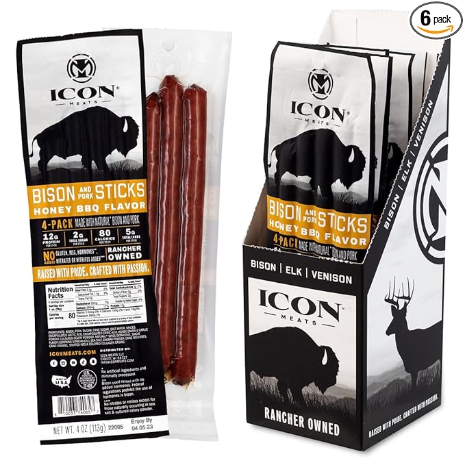 ICON Meats Bison and Pork Snack Sticks Honey BBQ 6 Pack High Protein Snacks 4 Meat Sticks per Pack Low Sugar Gluten Free Natural USDA Inspected Made in the USA Gifts for Him