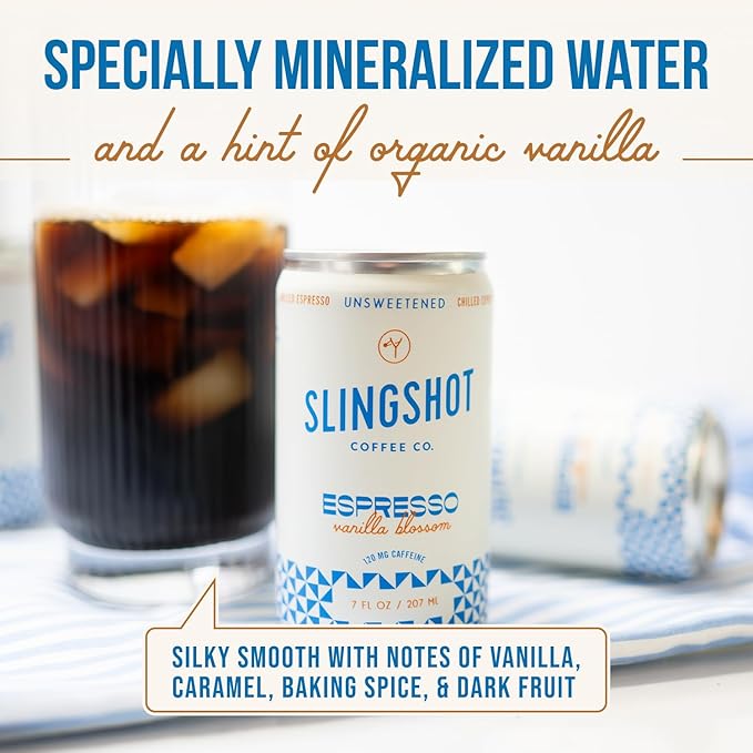 Chilled Espresso - Vanilla Blossom Ready-to-Drink Coffee 7oz Cans (12 Pack) | Organic Italian Espresso Blend with Smooth Vanilla with Notes of Caramel Baking Spice &amp Dark Fruit