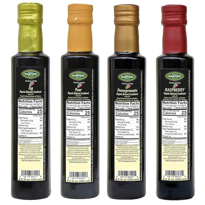 Mantova Organic Flavored Balsamic Vinegar of Modena 4-Variety Pack: Fig Pear Pomegranate &amp Raspberry Perfect for Gift Basket Add to Pasta Salad Ice Cream and Cocktails 8.5 oz per bottle