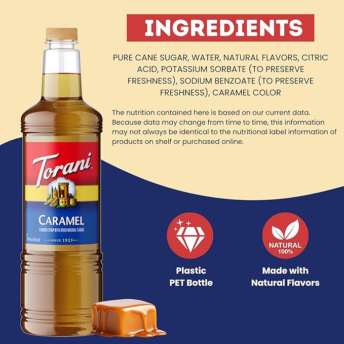 Torani Caramel Syrup 1 Liter Bottle with Pump – Premium Coffee Flavoring Made with Pure Cane Sugar &amp Natural Flavors for Lattes Frappes Desserts Cocktails &amp More – Café-Quality Sweetener