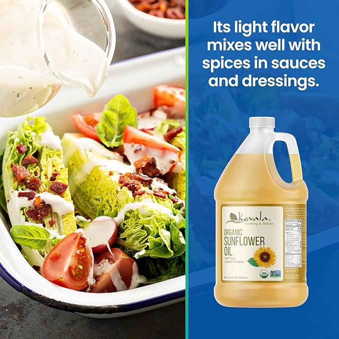 Kevala Organic Sunflower Oil - Oil Rich in Vitamin E for Cooking and Body Care Great Ingredient for a Salad Dressing with no Cholesterol Kitchen Pantry Staple for your Home 128 fl oz 1 gal