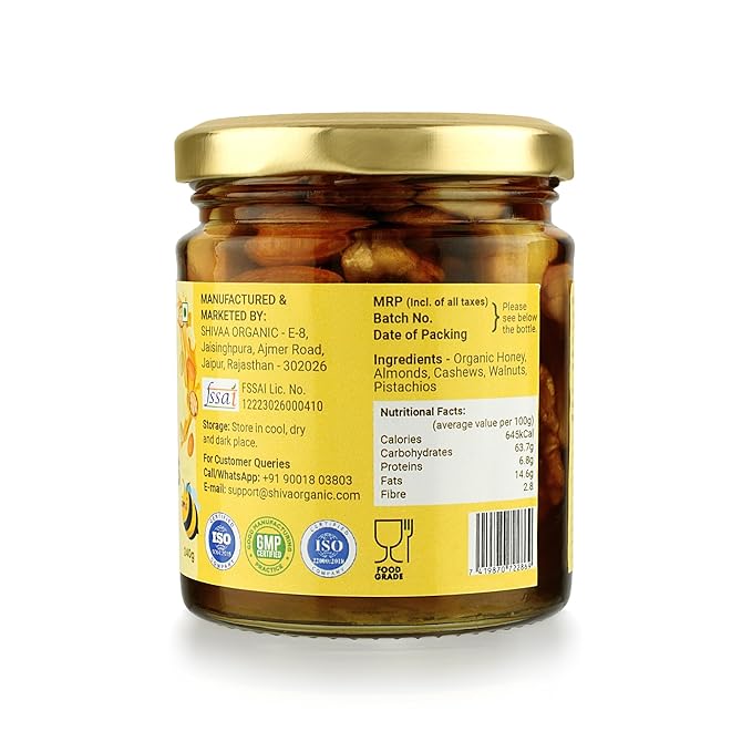 Shiva Organic Mixed Nuts in Honey (Almonds Walnuts Cashews Pistachios) - 240g (17.64 FL OZ) - Crunchy Protein-Rich High in Magnesium Phosphorus and Dietary Fiber