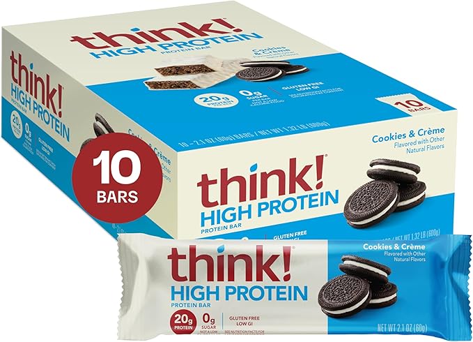 think! Protein Bars High Protein Snacks Gluten Free Kosher Friendly Cookies and Crème Nutrition Bars 2.1 Oz per Bar 10 Count (Packaging May Vary)