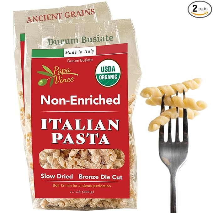 Papa Vince Organic Non Enriched Pasta - good whole wheat busiate pasta made in Italy from ancient grains cultivated in Sicily Italy. Slow Dried. Bronze Die Cut. Delightful Al dente texture. No funny