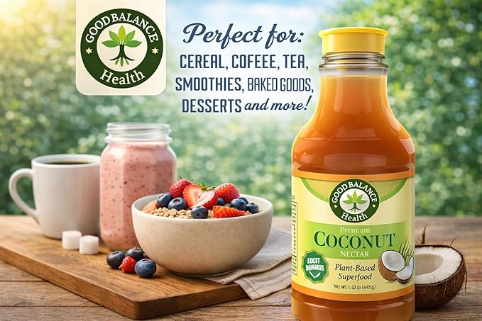 Good Balance Health Coconut Nectar | Natural Liquid Sweetener | Low Glycemic Sweetener | All Natural and Organic | Sugar Substitute | Non GMO Gluten Free Keto Sugar Vegan Friendly Baking | 22 Ounc