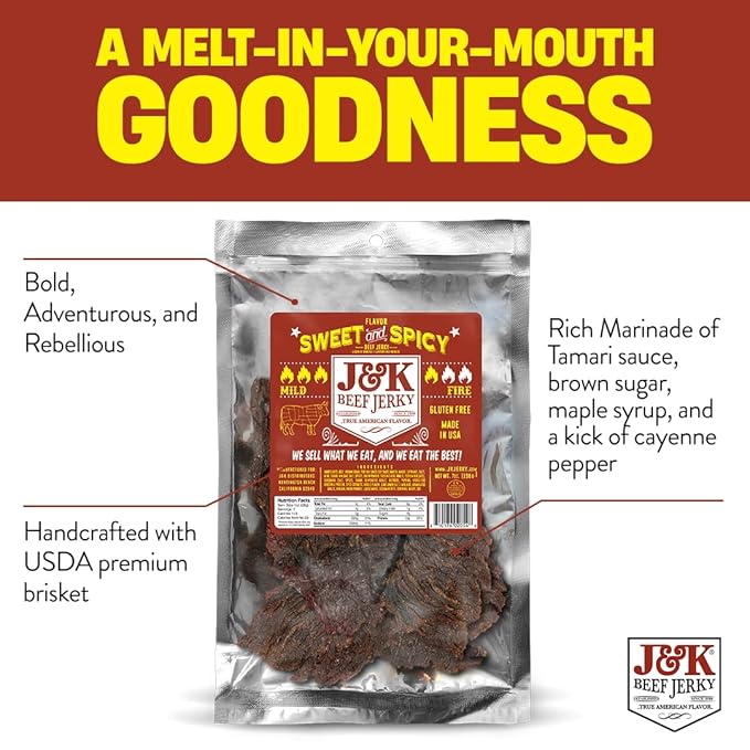 J&ampK Sweet and Spicy Beef Jerky - Hand Crafted Small Batch American Made Slab Beef Jerky - Bold &amp Flavorful Snack! - 7oz Big Bag