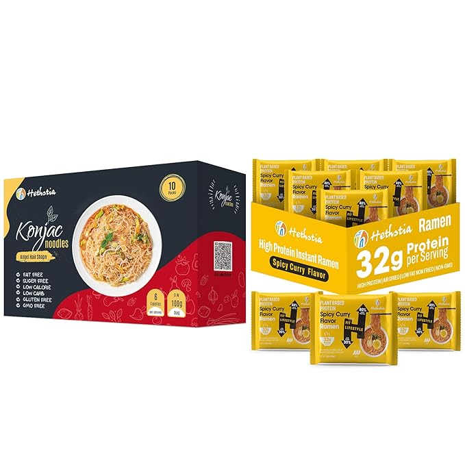 Hethstia Angel Hair Konjac Noodles &amp Spicy Curry High Protein Ramen 10-Pack Low-Carb Shirataki Pasta with 6-Pack 32g Plant Protein Curry Ramen Low Calorie Non-GMO Healthy Instant Meal