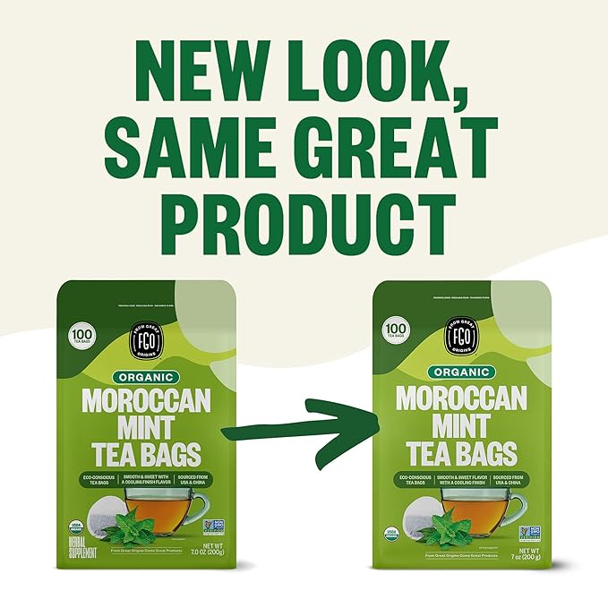FGO Organic Moroccan Mint Green Tea 100 Count Eco-Conscious Tea Bags Resealable Bag Packaging May Vary (Pack of 1)