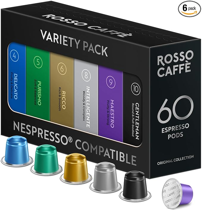 ROSSO CAFFÈ 60 Espresso Coffee Pods for Nespresso Original Machines - Premium Capsule Sampler Variety Pack 6 Flavors Rich Breakfast to Intense Roasts