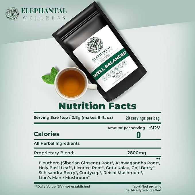 Elephantal Wellness Premium Well Balanced Herbal Tea | For Healthy Cortisol Adaptogenic Stress &amp Energy Support with Ashwagandha Reishi Eleuthero &amp Lion’s Mane | Handmade Caffeine-Free No