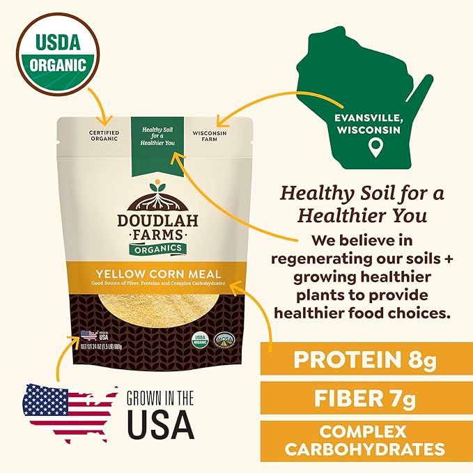 Organic Yellow Cornmeal 25 lb Fine Grind - Non-GMO Gluten-Free Sugar-Free Farmed From Regenerative Soil Vegan Grown In USA For Baking Cornbread Muffins Pancakes and More by Doudlah Farms