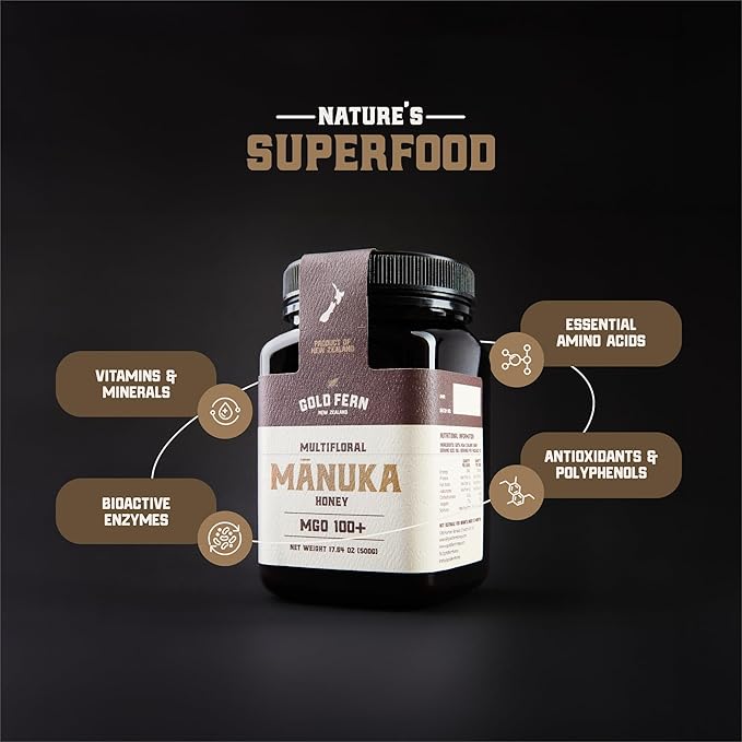 Gold Fern Honey - Raw New Zealand Manuka Honey | 1.1lb MGO 100+ | Pure Natural Unpasteurized and Unfiltered Superfood Honey Traceable from Hive to Hand.