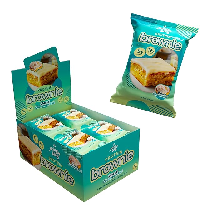 Prime Bites High Protein Brownie (12 Per Box Glazed Cinnamon Roll) - 19g of Protein 5g of Collagen Gluten Free Low Sugar Treat Delicious Protein Snack
