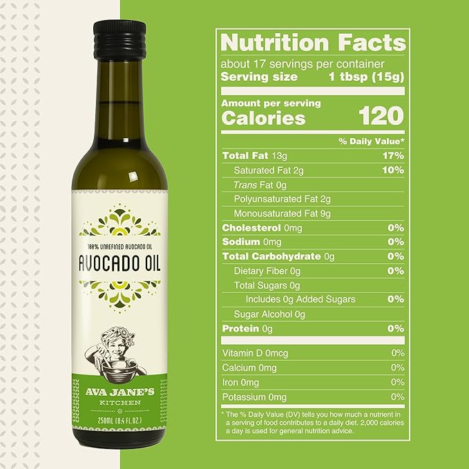 AVA JANE'S KITCHEN - Extra Virgin Avocado Oil - 100% Cold Pressed Natural &amp Unrefined - 480°F High Smoke Point Rich in Potassium &amp Vitamins - Creamy &amp Buttery Taste - 2 Bottle Pack 8.4