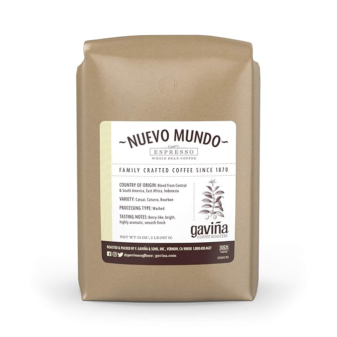 Gaviña Nuevo Mundo Espresso Whole Bean Coffee Medium Roast Bright and Aromatic 32 oz Bag