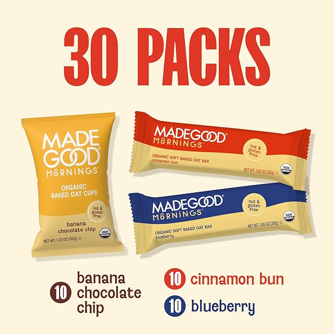 MadeGood Mornings Soft-Baked Oat Bars &amp Oat Cups Variety Pack (30 count)