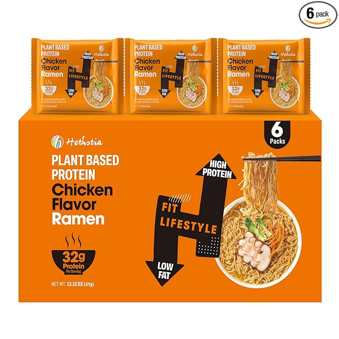 Hethstia Protein Ramen Chicken Flavor 6-Pack Chicken Broth Instant High-Protein Noodle Soup 32g Plant-Based Protein Quick Pre-Packaged Meal Non Fried Low Fat Vegan Non-GMO
