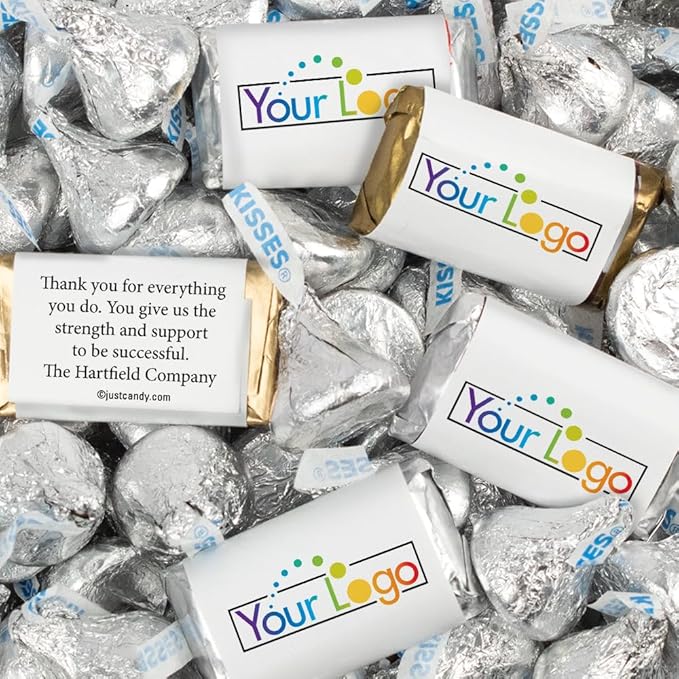Personalized Candy Promotional Products Add Your Logo or Photo Party Favors 41 Custom Chocolate Miniatures and Approx. 75 Bulk Silver Kisses (Approx. 105 Pcs)