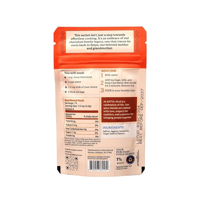 Satya Sona Chai Masala Mix 1.05 oz Sachets (Pack of 5-150gm) – Sweet Saffron Indian Chai Spice Blend - Vegan Gluten &amp Dye Free Low Sodium Authentic Masala for Tea Dessert &amp Golden Milk - 30